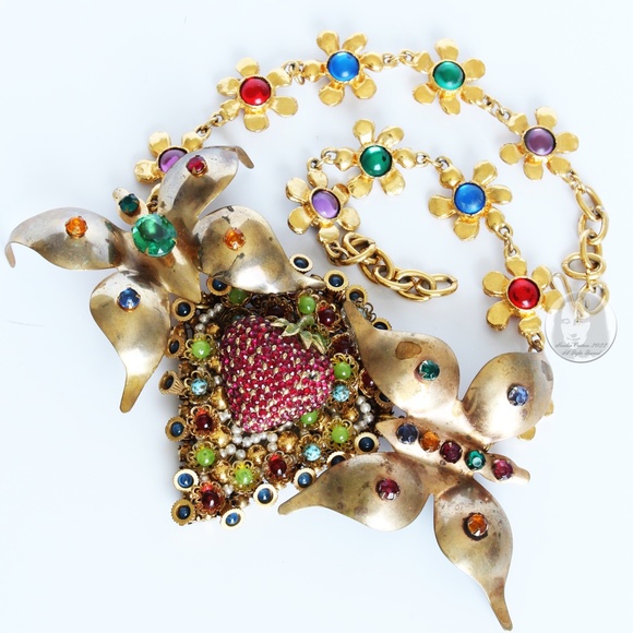 Vintage Butterfly & Berry Necklace Rhinestones Florals By Stephanie Lake Design - Picture 5 of 14